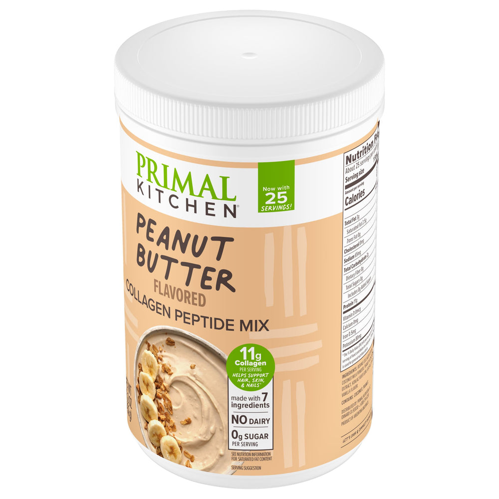 Primal Kitchen Peanut Butter Collagen Fuel Drink keto-certified and gluten-free labeling.