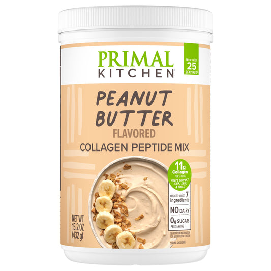 Primal Kitchen Peanut Butter Collagen Fuel Drink pour for a creamy protein boost.