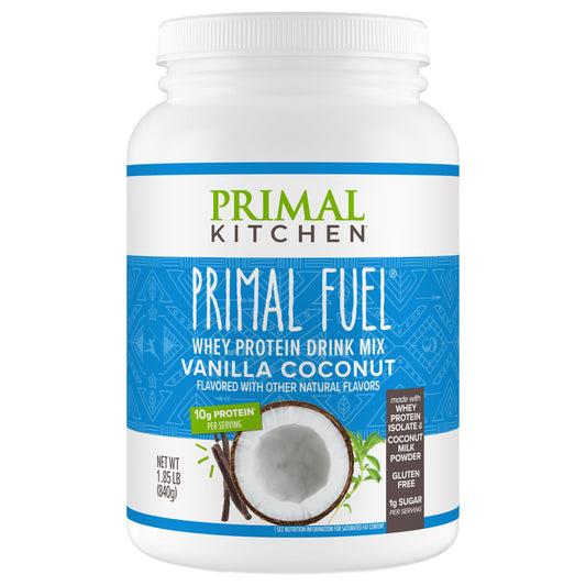 Primal Kitchen Primal Fuel Vanilla Coconut bottle showing ready-to-mix protein for quick workouts