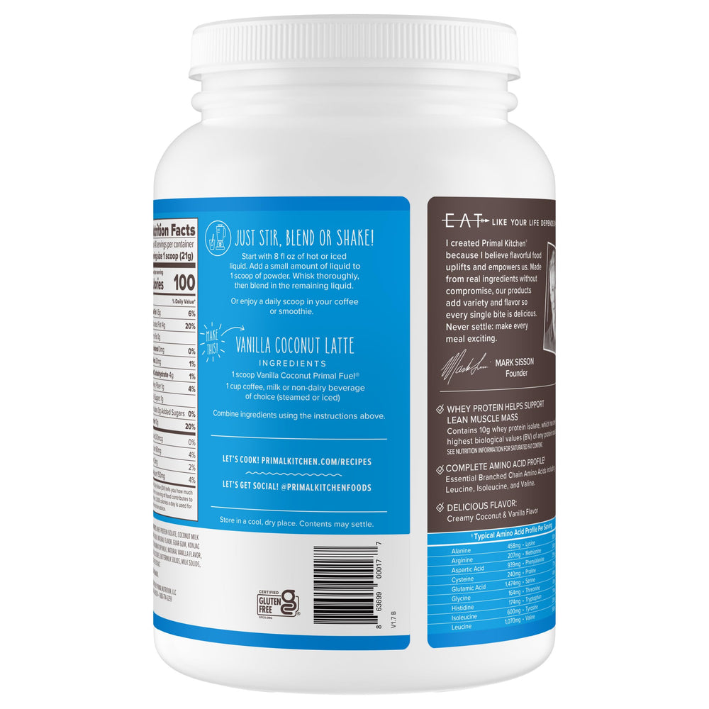 Primal Fuel vanilla coconut powder blends into drinks smoothly
