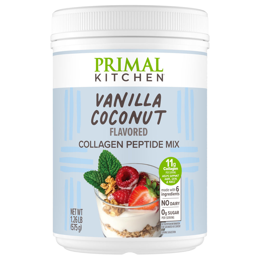 Primal Kitchen Vanilla Coconut Collagen Fuel powder tub for creamy texture and flavor