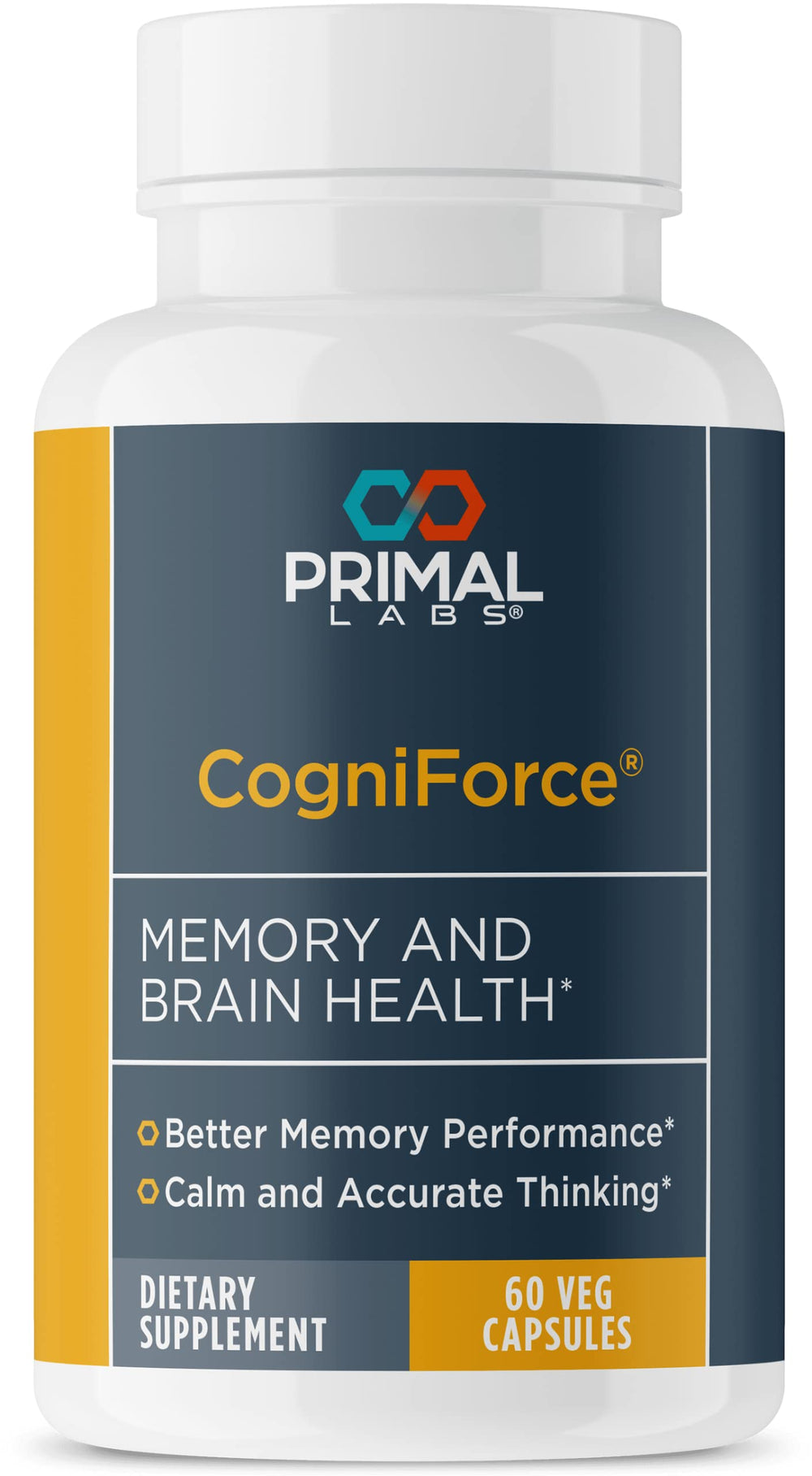 Primal Labs CogniForce bottle front view highlighting brain health and focus potential.