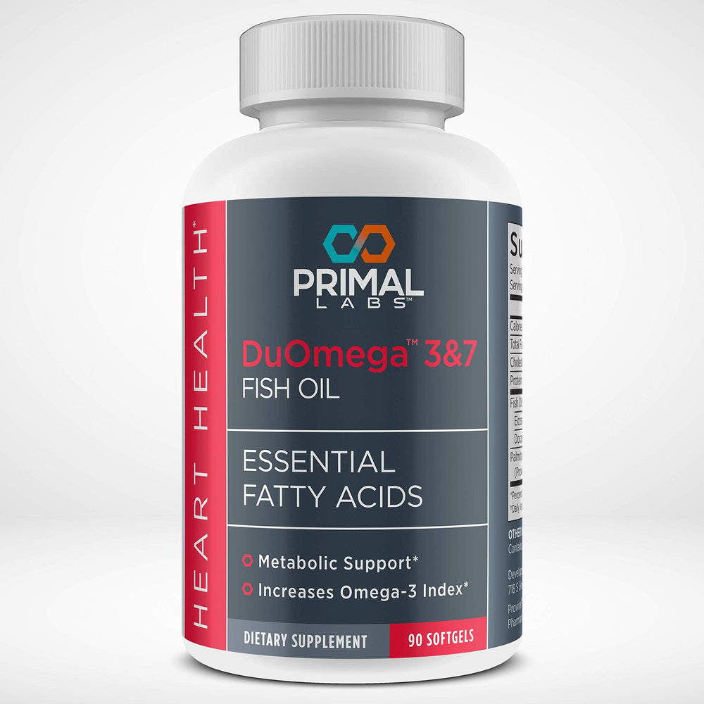Primal Labs DuOmega bottle front, ultra-pure Omega-3 and Omega-7 for daily wellness