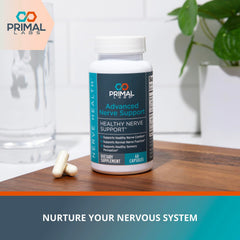 Primal Labs Nerve Support tablets close-up emphasizes compact dose for daily nerve care.