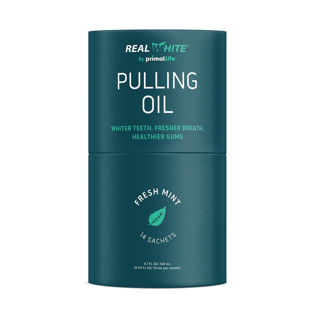 Primal Life Organics Real White Pulling Oil sachets for convenient pre-brush care