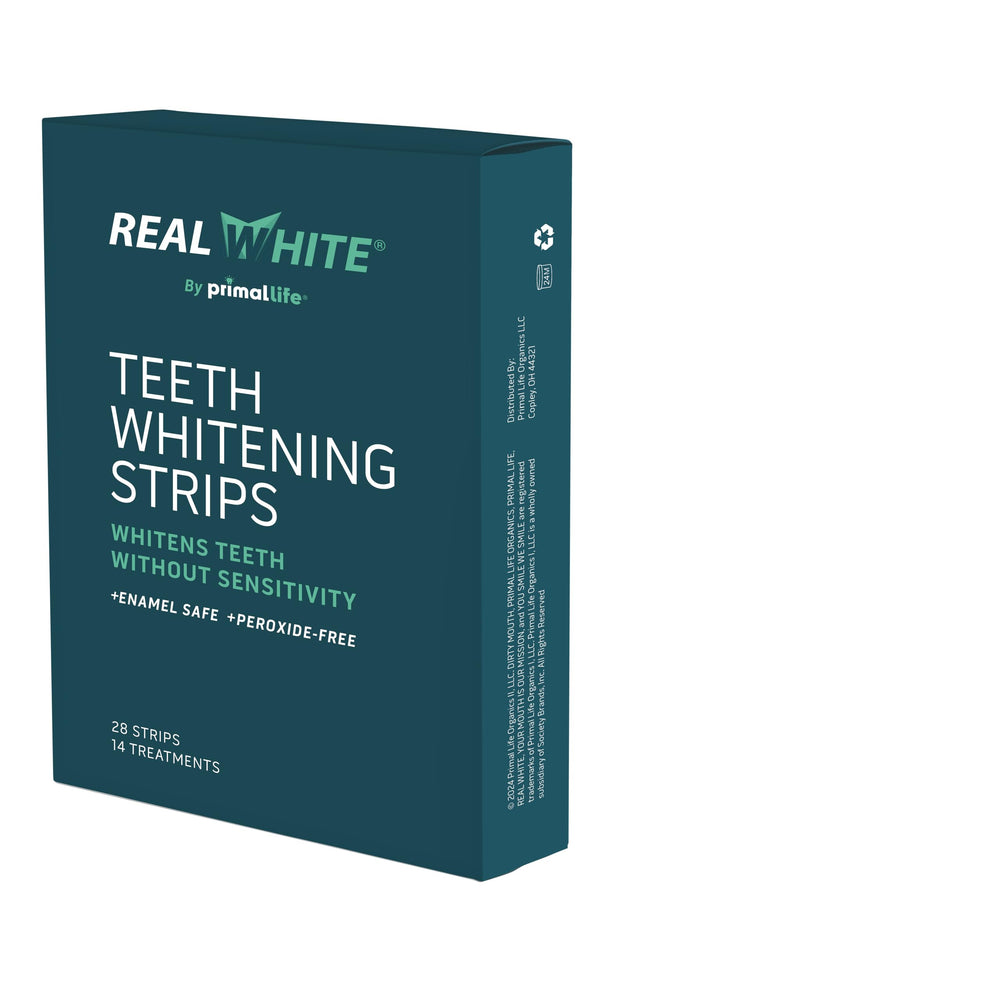 Primal Life Organics Real White Strips box, easy at-home whitening kit.