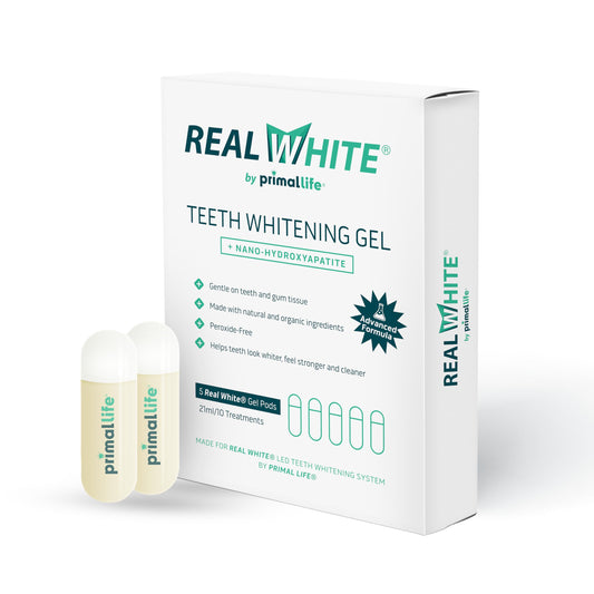 Primal Life Organics Real White gel pods pack shown for at-home whitening use