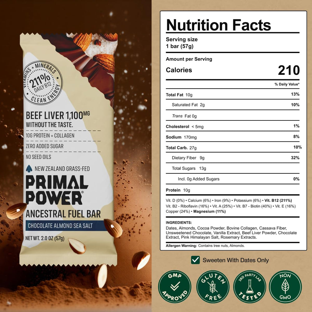 Primal Power Beef Liver Bar 1100mg ingredients close-up reveals chocolate and dates masking liver flavor.
