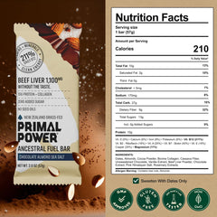 Primal Power Beef Liver Bar 1100mg ingredients close-up reveals chocolate and dates masking liver flavor.