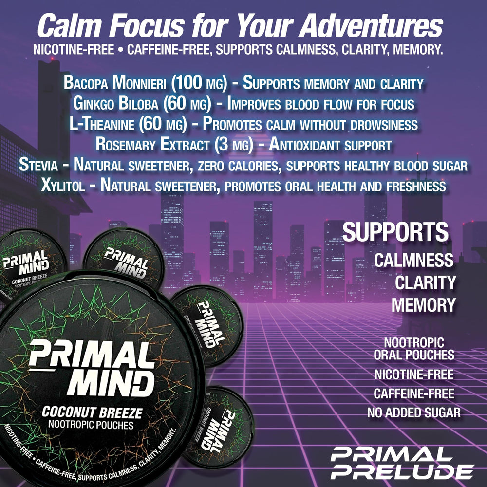 Primal Prelude caffeine-free nootropic pouches in use for steady focus.