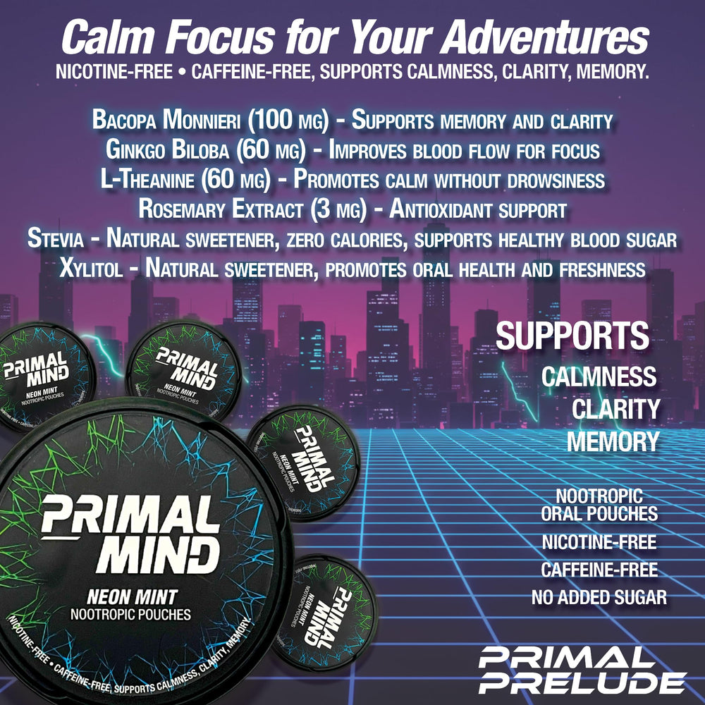 Primal Prelude label highlights Ginkgo Biloba and L-Theanine ingredients