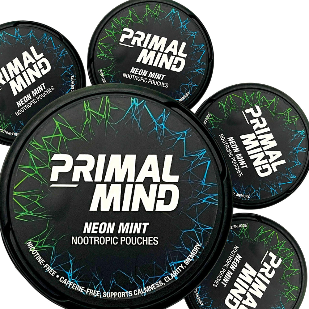 Primal Prelude Neon Mint nootropic pouch can for focused work sessions