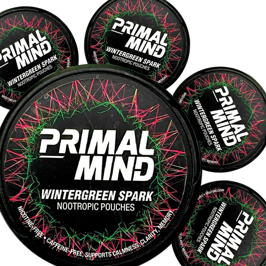 Primal Prelude wintergreen pouch closeup for discreet focus on the go.