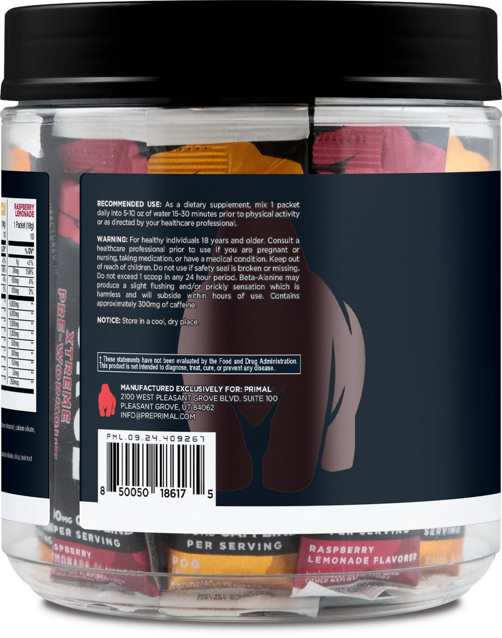 Primal Purge Xtreme Raspberry Lemonade stickpack offers portable pre-workout energy.
