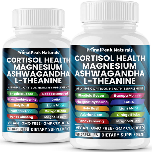 PrimalPeak Naturals cortisol supplement bottle front with vegan capsules for stress support