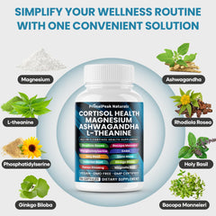 PrimalPeak Naturals bottle label highlights magnesium and adaptogens for cortisol balance