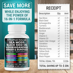 PrimalPeak Naturals 16-in-1 blend visual suggests broad wellness coverage