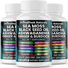 PrimalPeak Naturals sea moss bottle shows a 16-in-1 blend for daily immune wellness