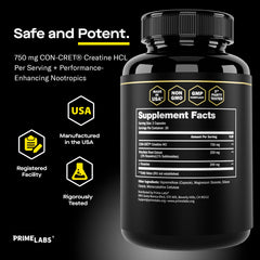 Packaging of Prime Labs Creatine HCl capsules beside gym gear