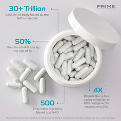 Prime NADPlus bottle label closeup highlighting vegan and gluten-free formula
