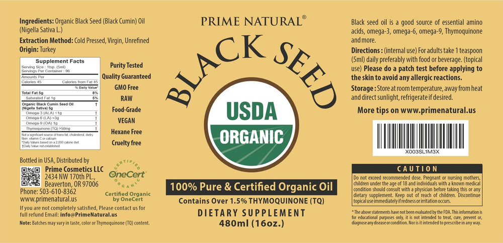 Prime Natural black seed oil used for skincare and hair care routines.