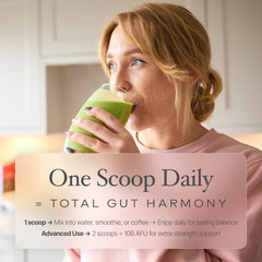 Akkermansia powder poured into glass, smooth integration into beverages for gut-friendly routines.