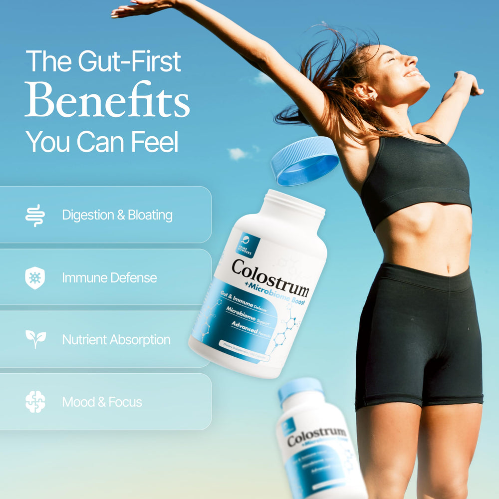 Prime Powders colostrum capsules macro shot shows compact, convenient daily wellness option.