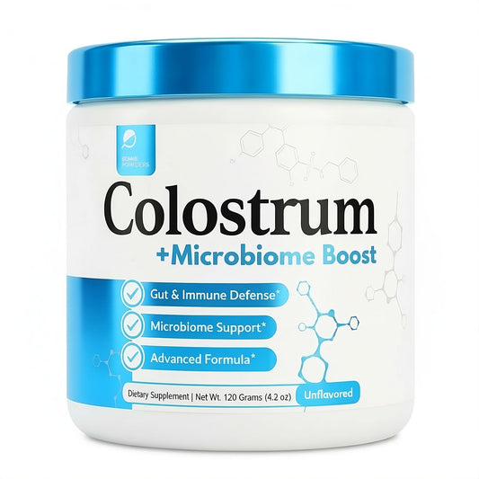 Prime Powders Colostrum Powder bottle showing grass-fed formula for daily gut-friendly support