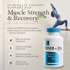 Prime Powders HMB D3 capsules close up highlighting dosage for daily use.