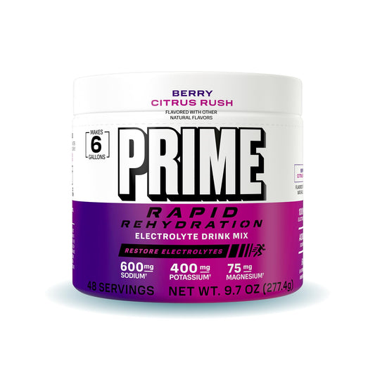 Prime Rapid Rehydration Berry Citrus Rush tub shows zero sugar and 1,085mg electrolytes