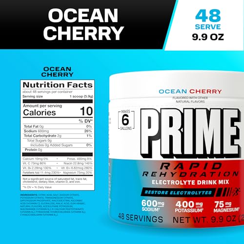 Close-up of Prime Rapid Rehydration Ocean Cherry label highlighting electrolytes