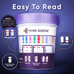 Prime Screen 12-panel urine cup for COC provides straightforward interpretation.