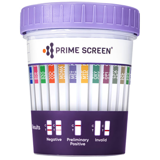 Prime Screen urine test cup showing 14-panel layout for at-home testing