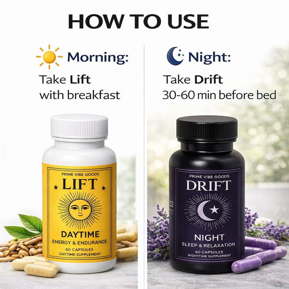 Close-up of Prime Vibe Goods Drift capsules for nighttime calm.
