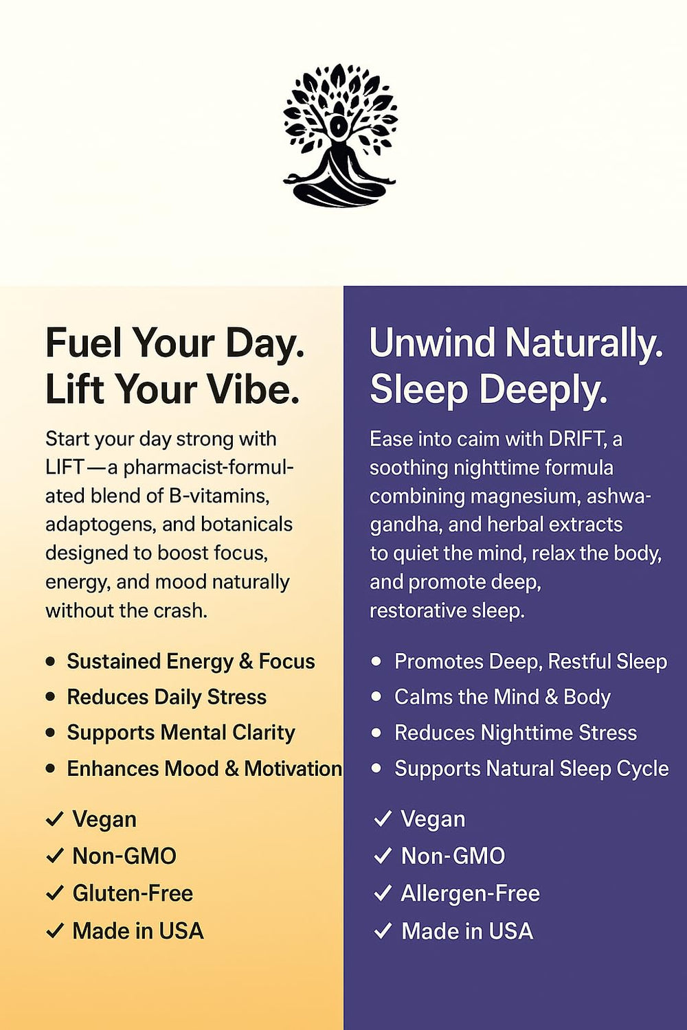 Prime Vibe Goods Lift and Drift 2-pack on display for day-night support.