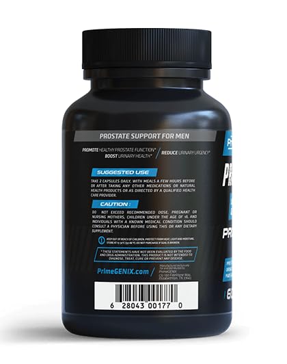 PrimeGENIX Prostate capsules closeup highlighting Flowens and LycoRed for urinary health
