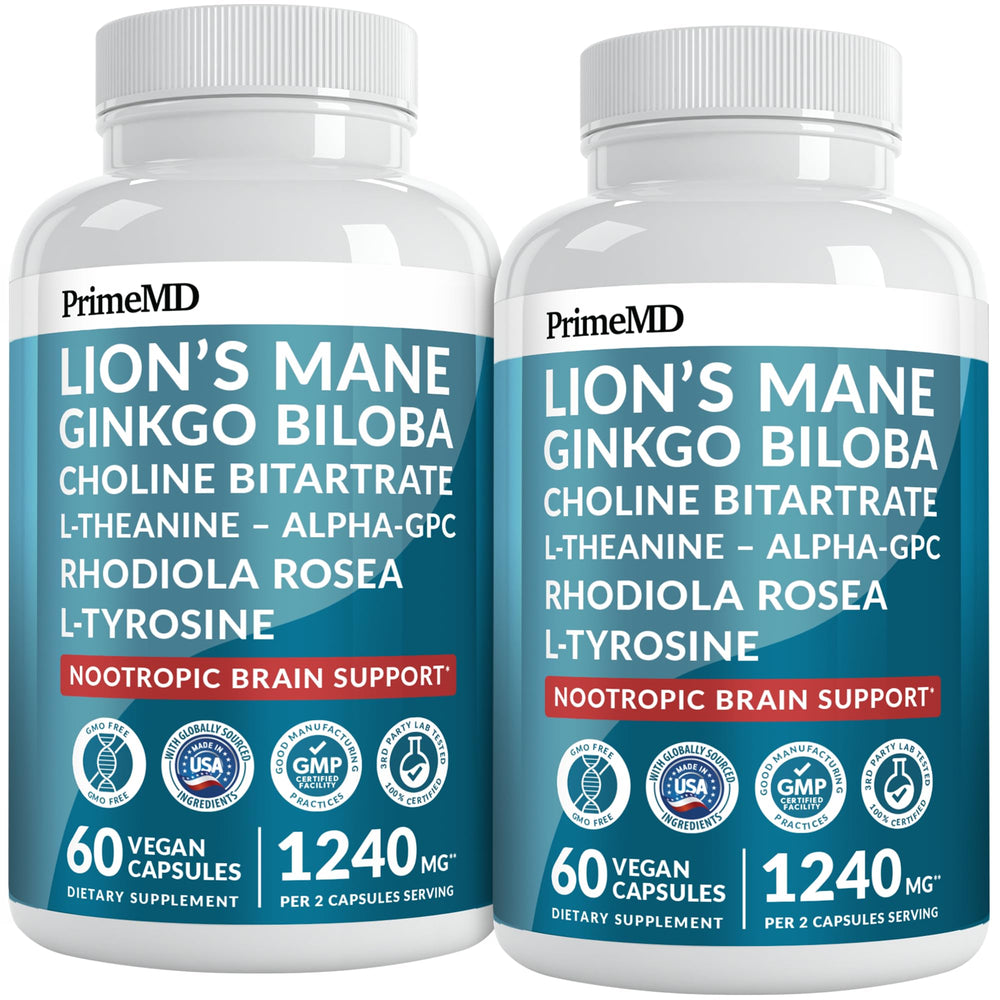 PrimeMD 14-in-1 Lions Mane bottle shown for convenient brain support