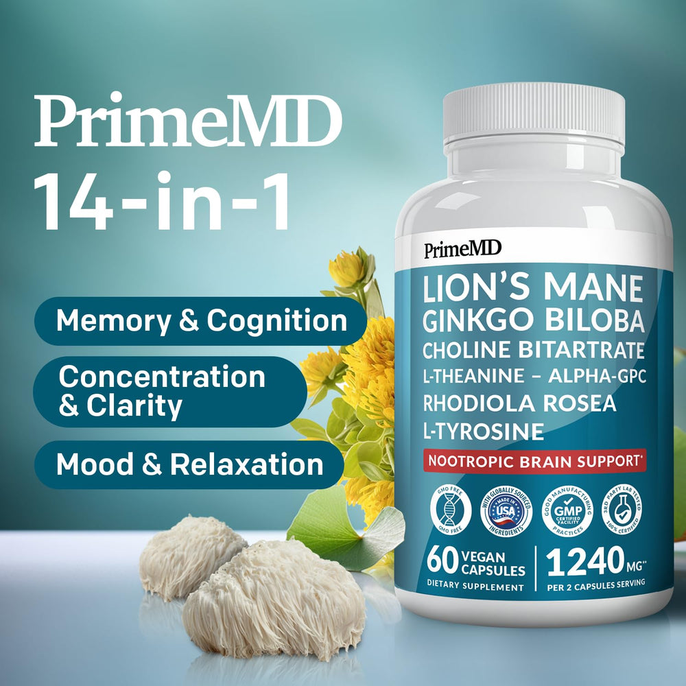 PrimeMD Lions Mane capsules close-up highlighting daily focus
