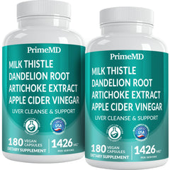 PrimeMD 32-in-1 liver support bottle with milk thistle for liver wellness.