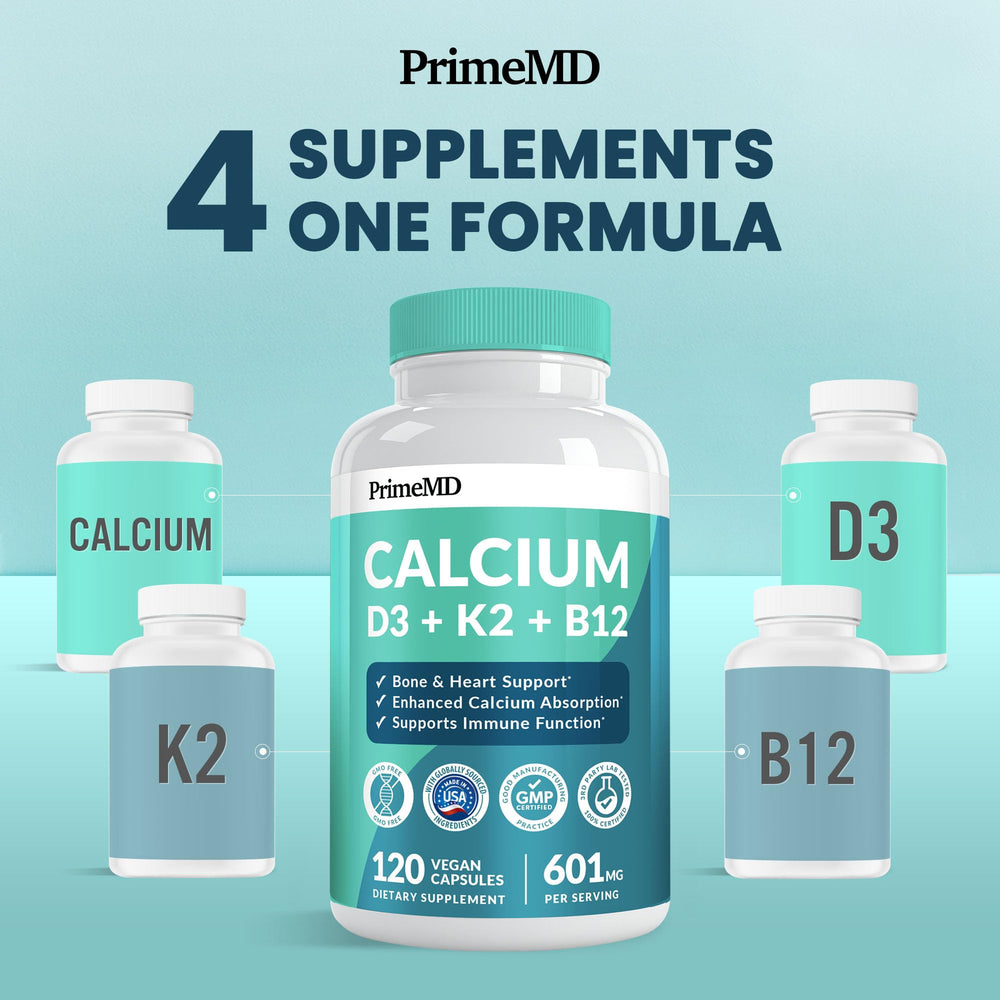 PrimeMD bottle back shows calcium, D3, K2 profile for bone support