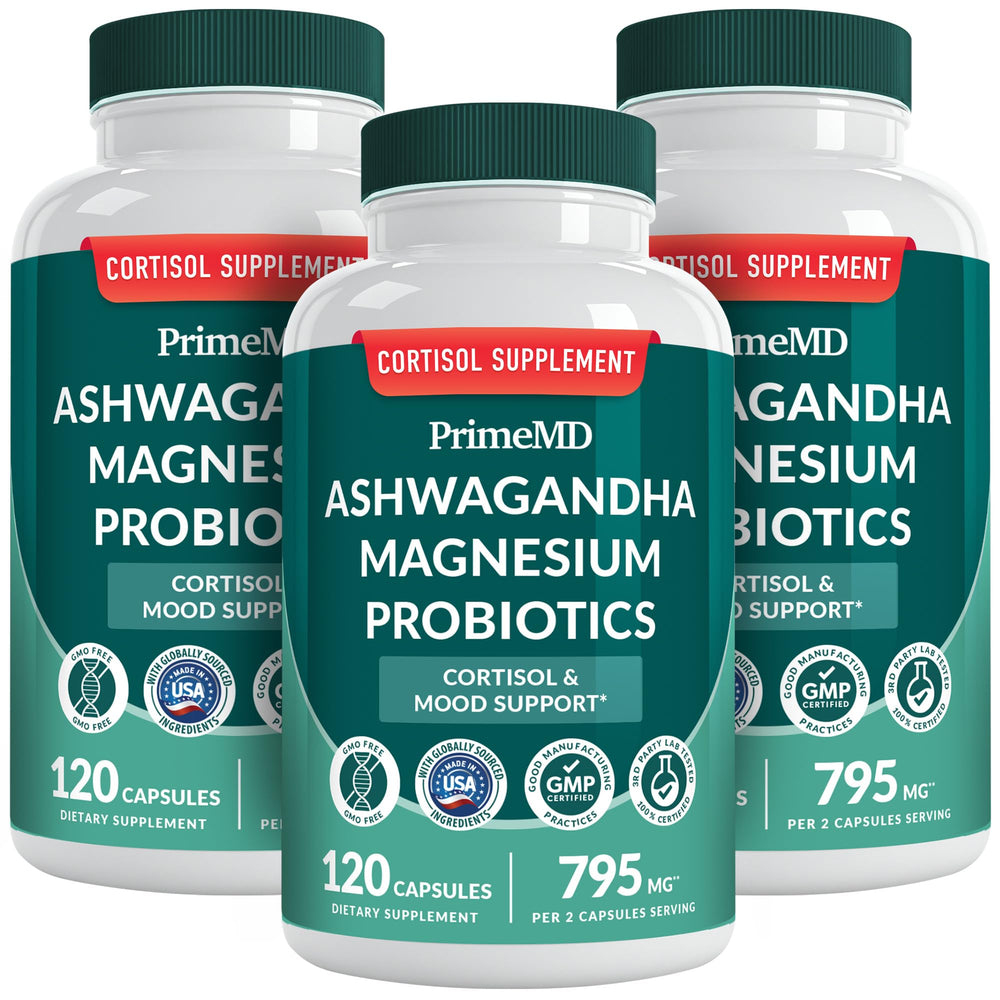 PrimeMD 5-in-1 cortisol bottle shows the multi-ingredient blend for daily balance.