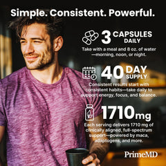 PrimeMD maca ingredients chart showing minerals for daily vitality.