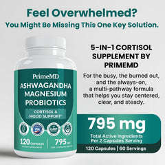 PrimeMD Ashwagandha capsules close-up for stress support.