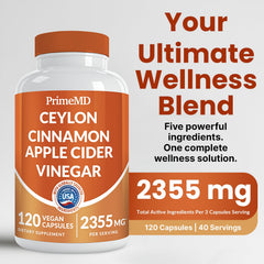 PrimeMD ingredients panel lists cinnamon, ACV, turmeric, ginseng, Bioperine