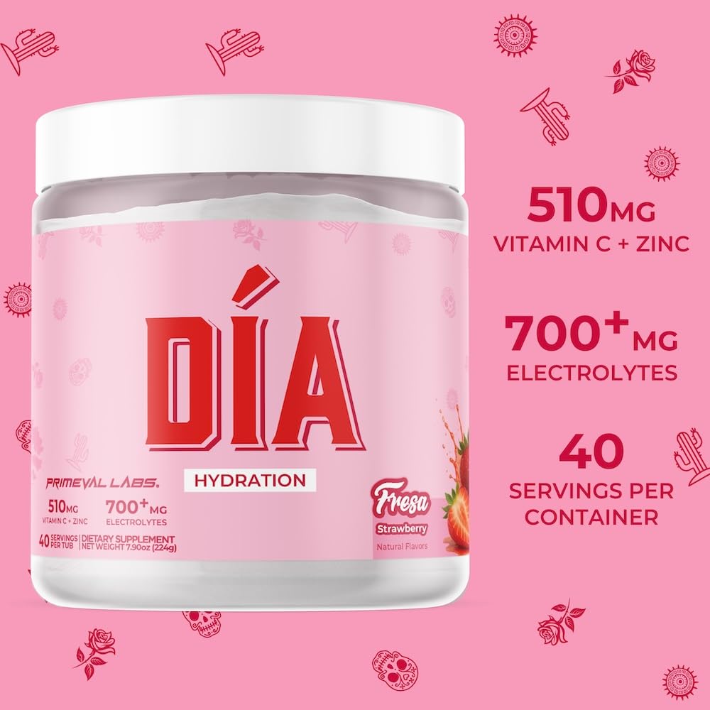 Glass shows strawberry DIA Hydration drink, refreshing and energizing.