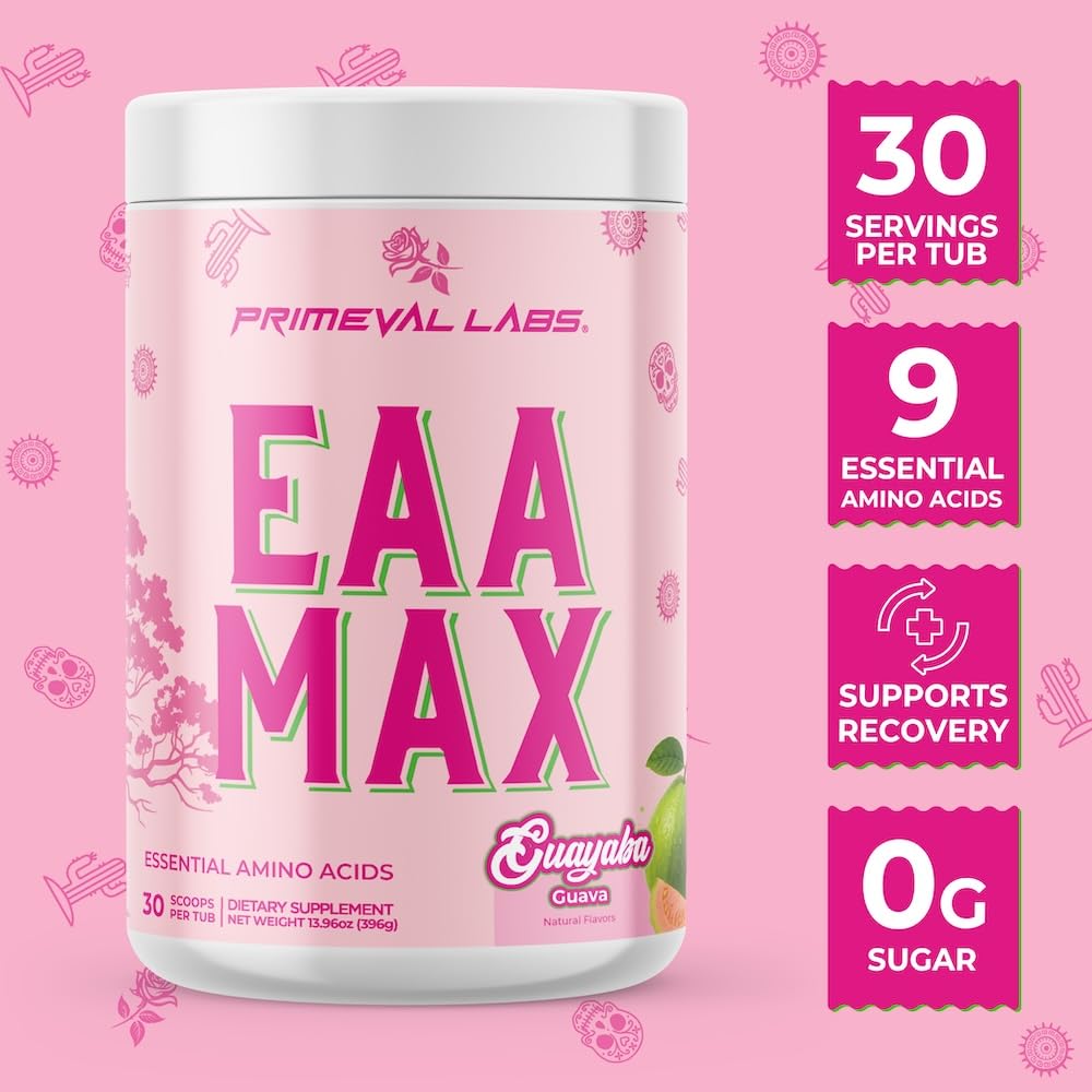 Primeval Labs EAA Max Energy label closeup emphasizes essential amino acids and electrolytes.