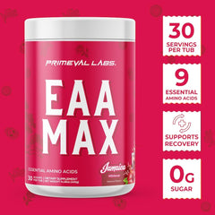 Primeval Labs EAA Max Energy label highlights the BCAA and EAA profile.