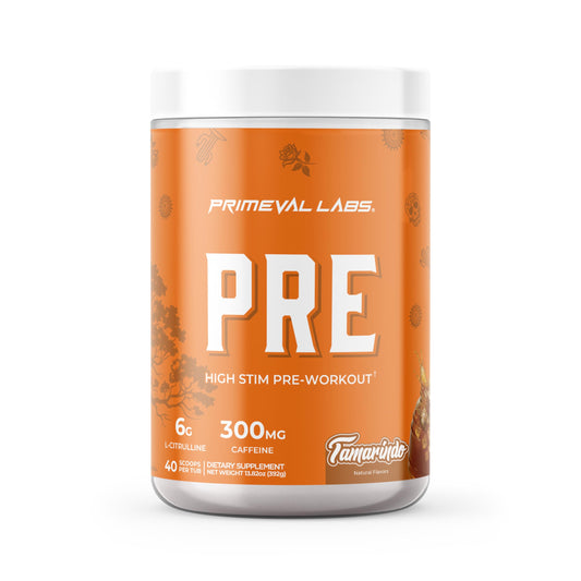 Primeval Labs PRE high-stim bottle for sustained energy during workouts.