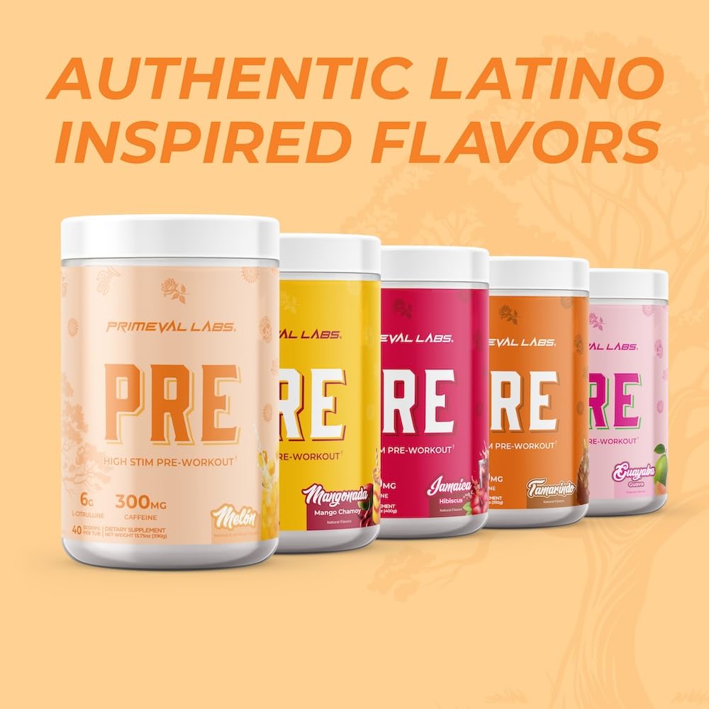 Primeval Labs PRE High-Stim packaging cites caffeine sources for energy
