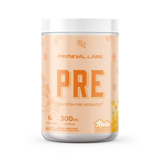 Primeval Labs PRE High-Stim Melon tub front ready for a workout boost